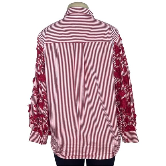 Chicos Red & White Striped Button-Up Shirt W/ Floral Lace Sleeves Size 12 - Picture 3 of 8